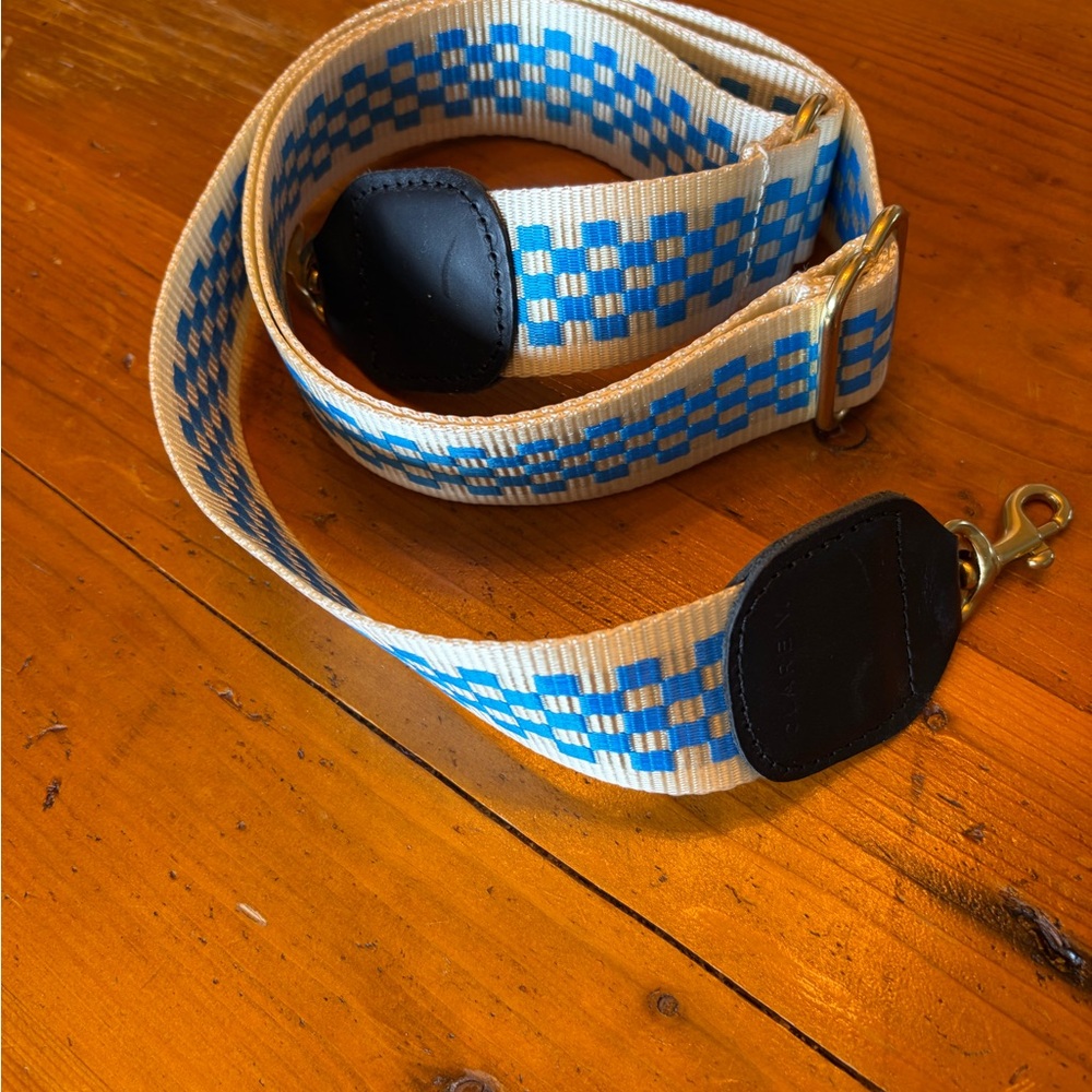 Clare V Adjustable Webbing Strap Crossbody blue checker